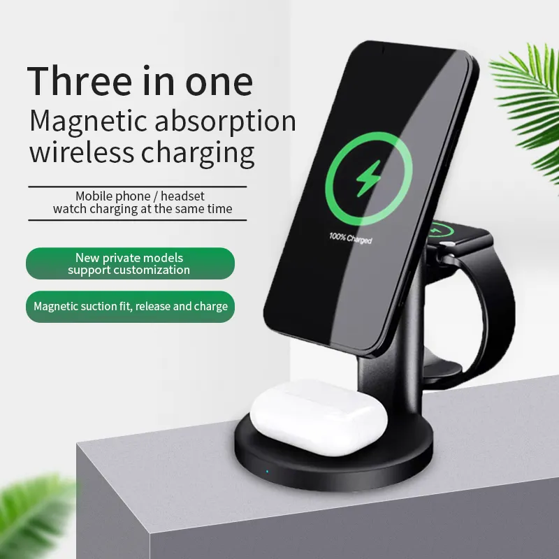 3 in 1 Magnetic Wireless Charger Stand For Magsafe iPhone 12 Mini Pro Max Apple Watch 6 5 Airpods Fast Charging Dock Station Fit Samsung Xiaomi Huawei Smartphones