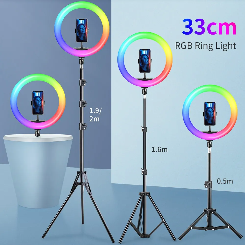 10-13 Zoll RGB LED Selfie Ringlicht mit 2 m 1,6 m Stativ Fotografie Beleuchtung Fülllicht Foto Ringlampe für Youtube Video