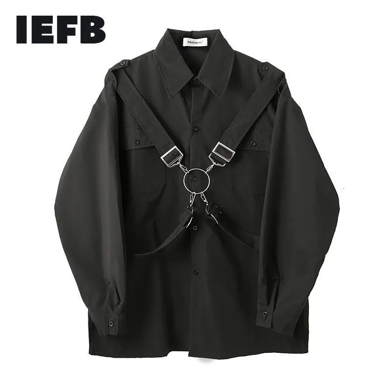 IEFB / Мужская одежда Функциональный стиль дизайн ремень свободно Большой размер Топы всех сочетание Свободные рубашки с длинными рукавами Мужской весна 9Y4045 210524