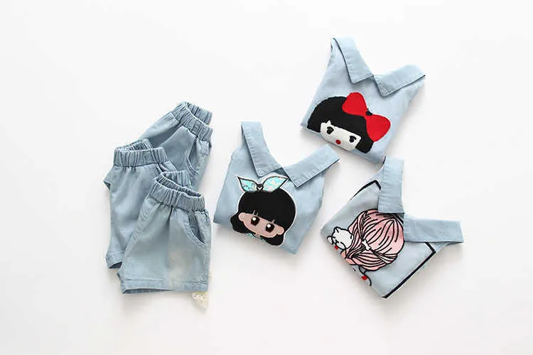 Girls Clothes Summer Casual 2-10 Years Old Kids Little Baby Cartoon Girl T Shirt+Shorts 2 Piece Lace Denim Blue Suit Set (13)