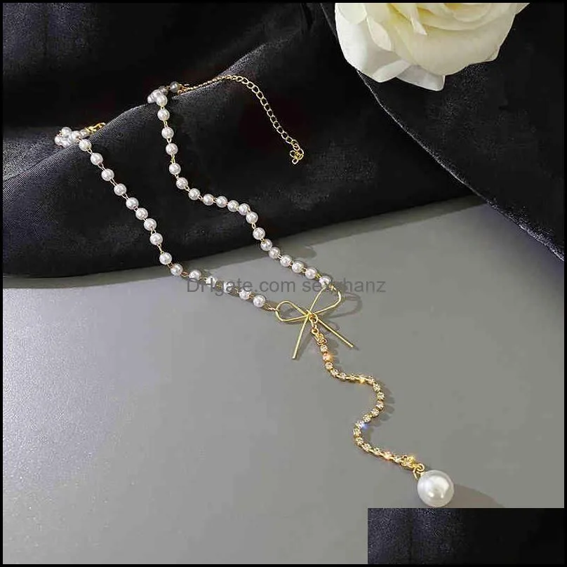 Luxury temperament bow long pearl tassel Pendant Necklace light luxury godds model 2021 new clavicle chain