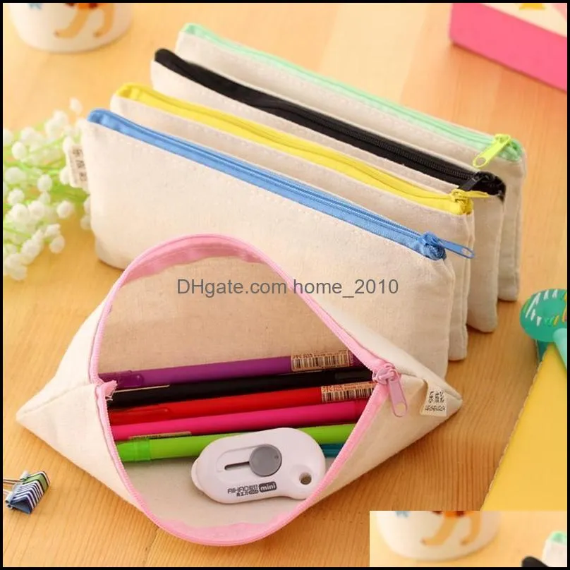 Bolsas de l￡pis Blank Canvas Pen bolsa z￭per capa de l￡pis Cosm￩tica Maquiagem Bolsa de embreagem Organizador do aluno Sta
