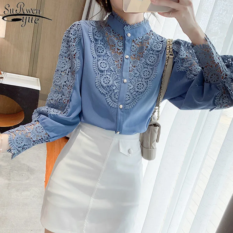 Korean Lace Stitching Shirt Spring Chic Hollow Flower Buttons Ladies Top Sweet Stand Collar Long Sleeve Blouse Women 12948 210427
