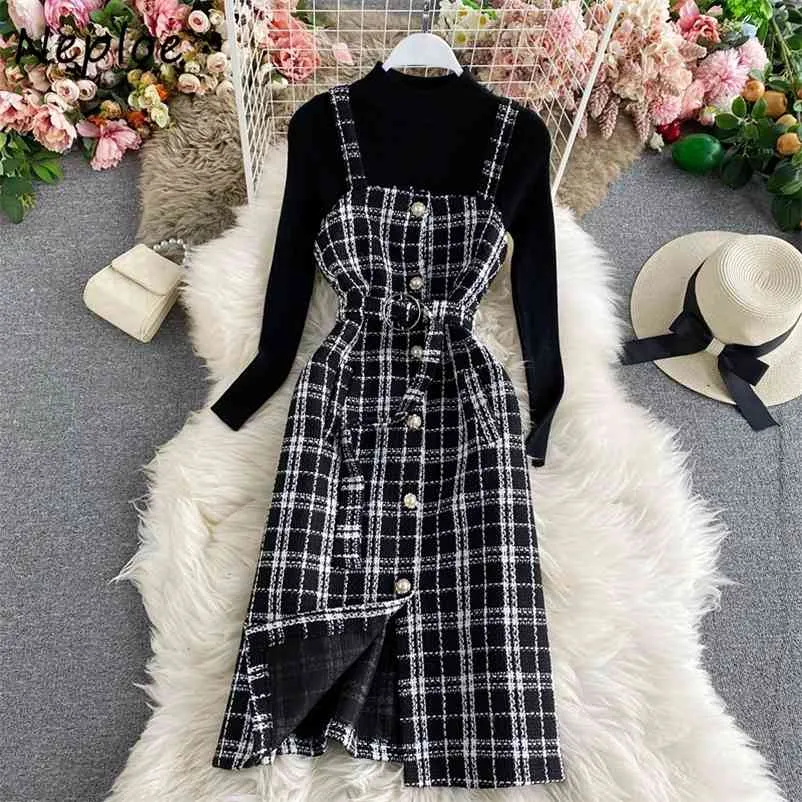 Spring 2 Pcs Women Set Chic Button Plaid Pattern Drawstring Slim Waist Camis Dress Knitted Sweater French Style Suit 210422