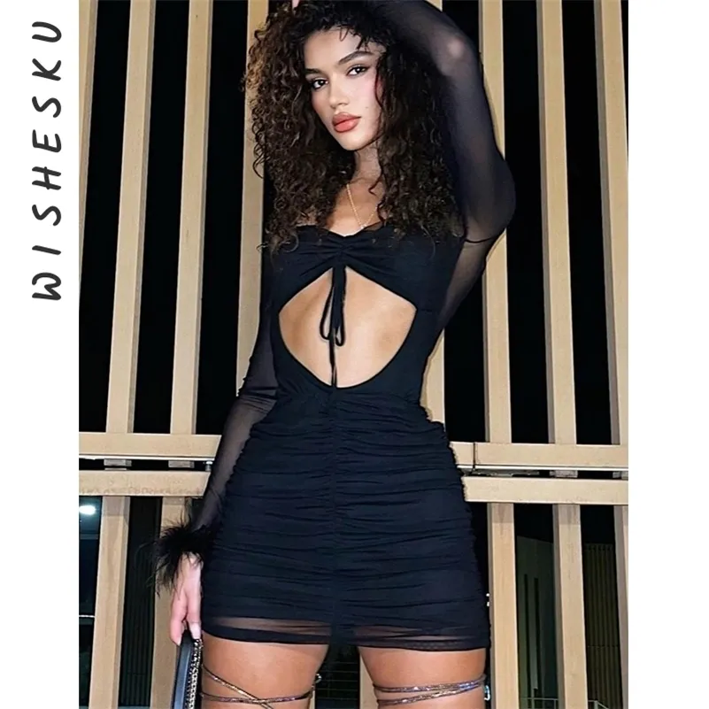Women Hollow Out Bodycon Mini Dress Sexy Mesh Long Sleeve Pleated Slim Fit Low-cut Dresses Fall Ladies Party Costume 220314