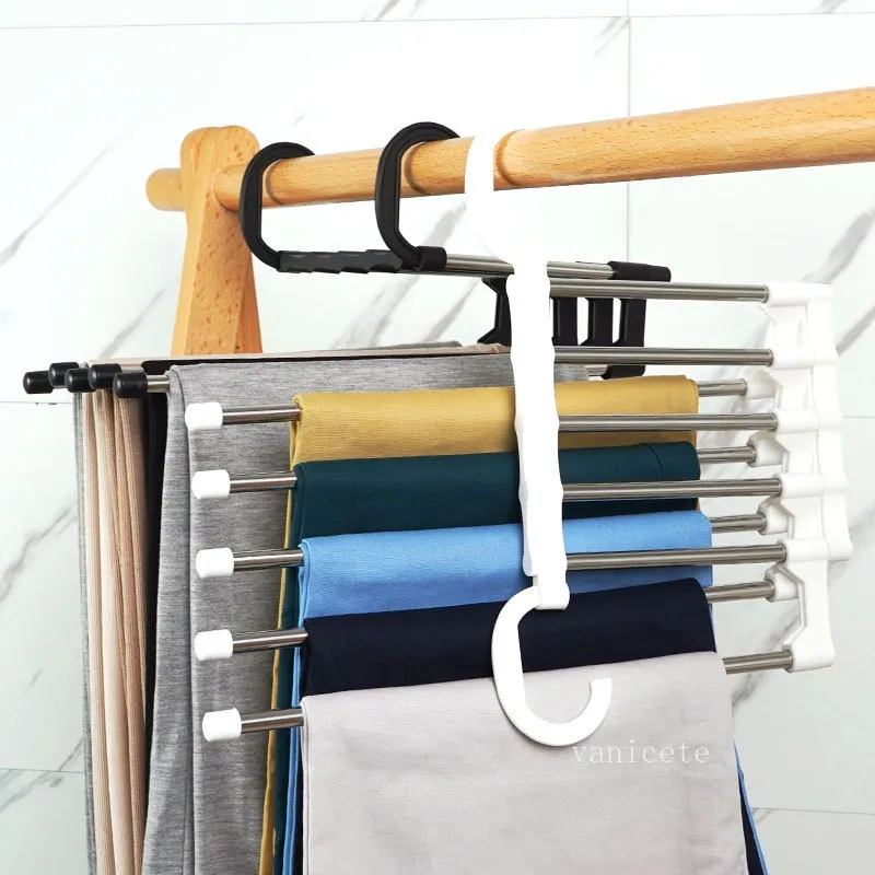 Multifunctional magic Hangers frame five-in-one stainless steel trouser rack five-layer trousers clip closet storage folding telescopic hanger ZC660