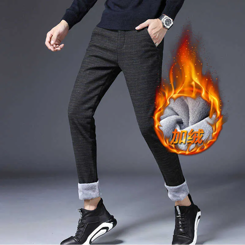 Winter Men's Fleece Dress Pants - Flannel Lined Black, Grey, and Blue Winter Trousers for Men for Work and Casual Wear (X0615)