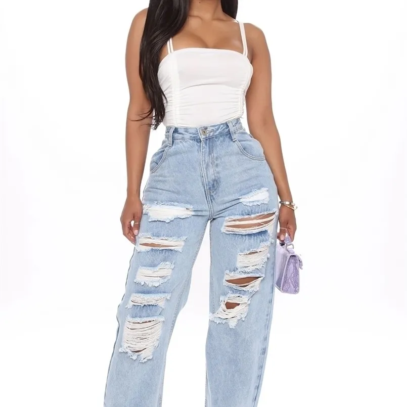 Cm.yaya cut out gat gewassen denim broek retro rechte jeans broek streetwear hoge taille dame 210809