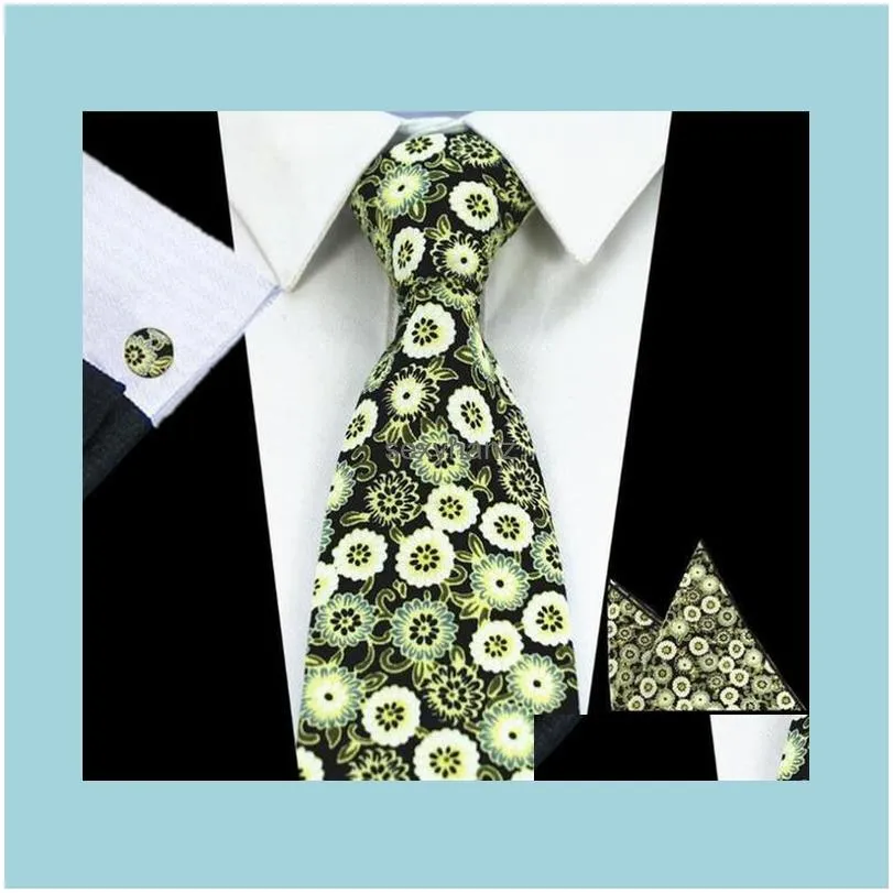 Mens New 8cm Classic Cotton Ties Fashion Retro Floral Ties Colorful Printed Party Neck Pocket Square Cufflinks Set