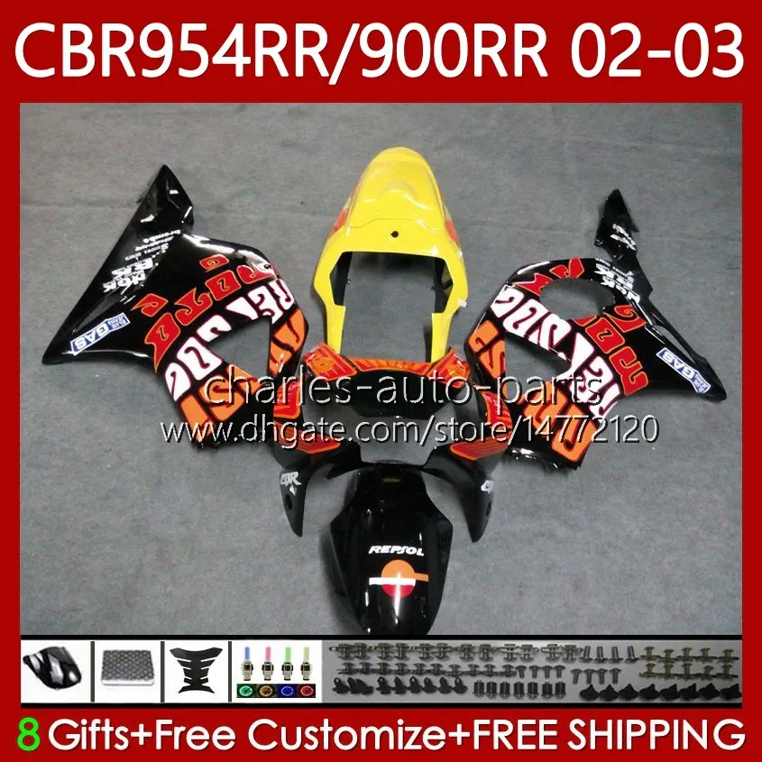 Karosserie für HONDA CBR900RR CBR954RR CBR900 CBR954 RR Karosserie 61No.167 CBR 900 954 CC RR 954CC 2002 2003 CBR 954RR Orange Schwarz 900RR 02 03 CBR954-RR 2002-2003 Verkleidungsset