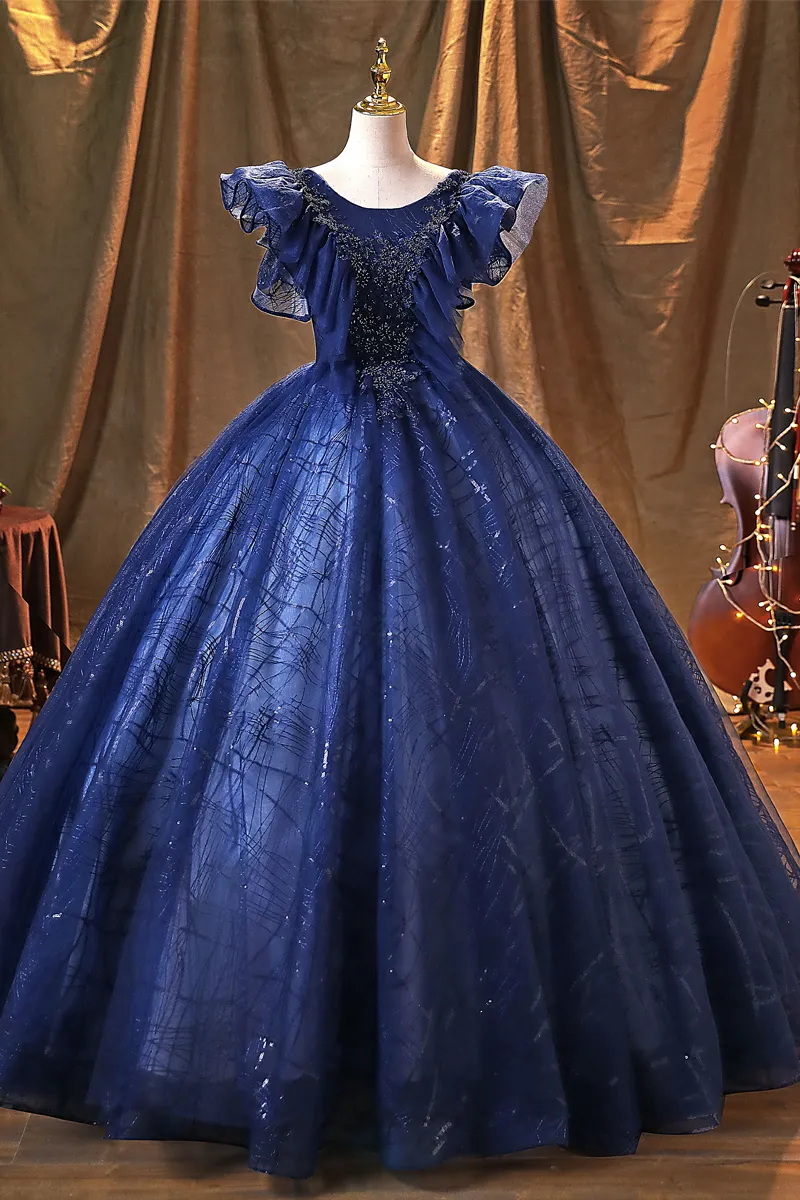 Vestido de baile con lentejuelas y manga de mariposa azul real disfraz de cosplay vestido medieval vestido renacentista vestido para quincea eras