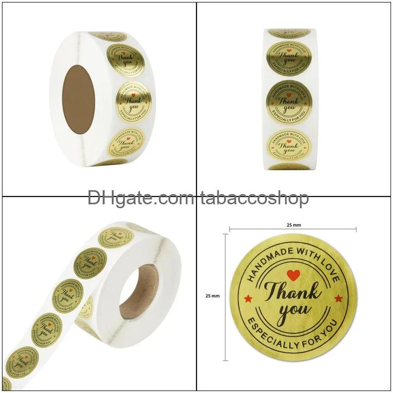 1 inch gold thank you wedding party gift package sticker label with red heart 1000pcs round packing box or bag sealing adhesive labels