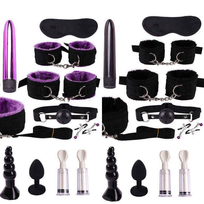 NXY SM Bondage 8 14pcs Set Brinquedos para Adultos Produtos Sexo BDSM Restrições de BDSM Kits Algemas Dildo Vibrador Chicote Mulheres Eróticas 1223