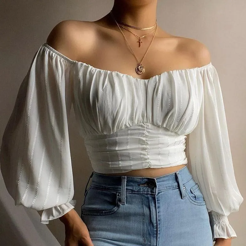 Blusas Para Mujer Camisas Sexis Con Hombros Descubiertos Jersey Sin Espalda Camiseta Informal Con Mangas Acampanadas Para Mujer Top De Otono Con Cuello Oblicuo Gasa Pura De 20 42 DHgate