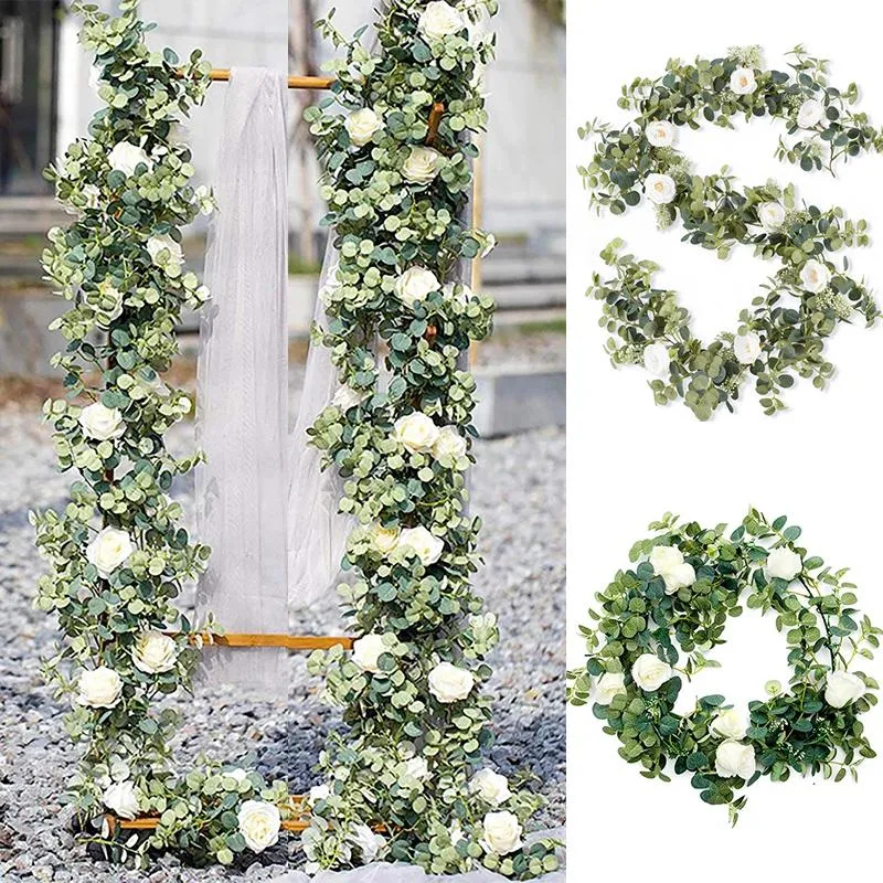 Decoratieve Bloemen Kransen Nep Bloem Eucalyptus Garland Met Camelia Kunstzijde Rose Vine Decor Opknoping Faux Leave Bloemen Voor Wo