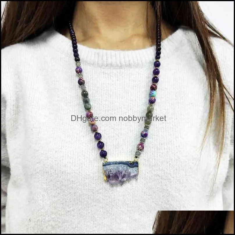 Luxury Women Pendant Necklace Natural Amethysts Slice Pendant Necklace Mixed Stones Beads Knotted Ethnic Necklace Wholesale 210323