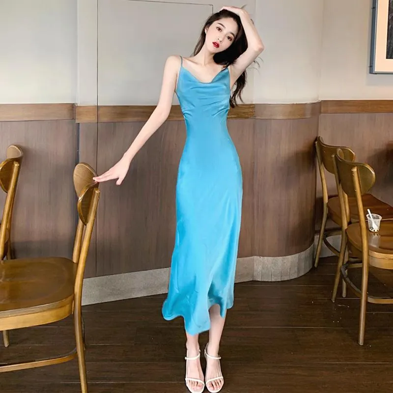 Sexy Spaghetti Strap Satin Dress Women Summer Sleeveless Silk Slip Long Female Elegant Party Dresses Vestidos Casual