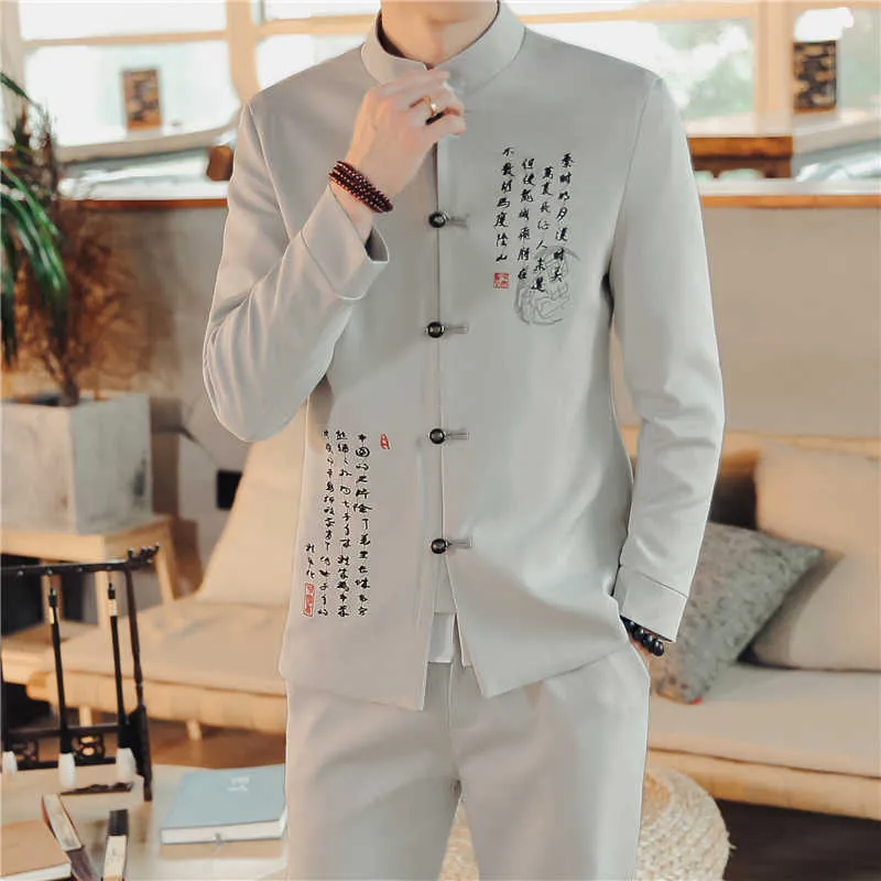 2 Pcs Set Suit Coat Pants / 2021 Fashion Casual da uomo Boutique Stand Up Collar Abito in lino stile cinese blazersgiacca pantaloni X0909