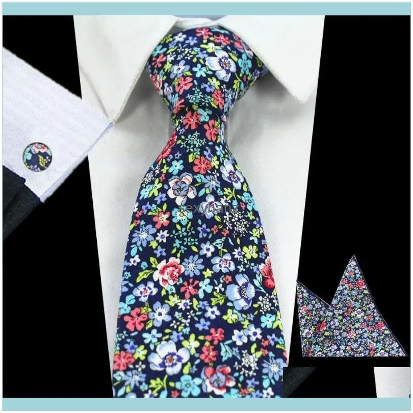 Mens New 8cm Classic Cotton Ties Fashion Retro Floral Ties Colorful Printed Party Neck Pocket Square Cufflinks Set