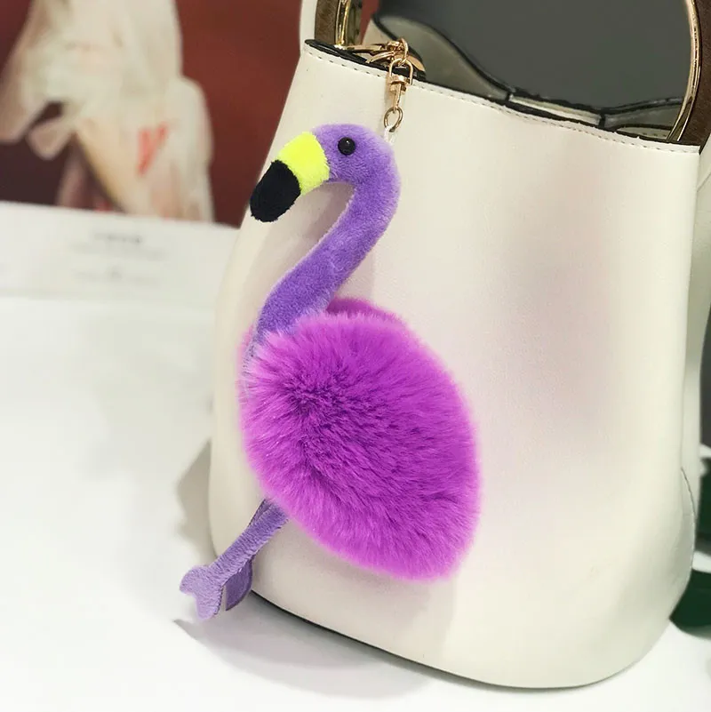 2020 Fluffy Flamingo Pom 100% Natural Rabbit Fur Woman Animal Bird Car Keychain Keyring Bag Charm