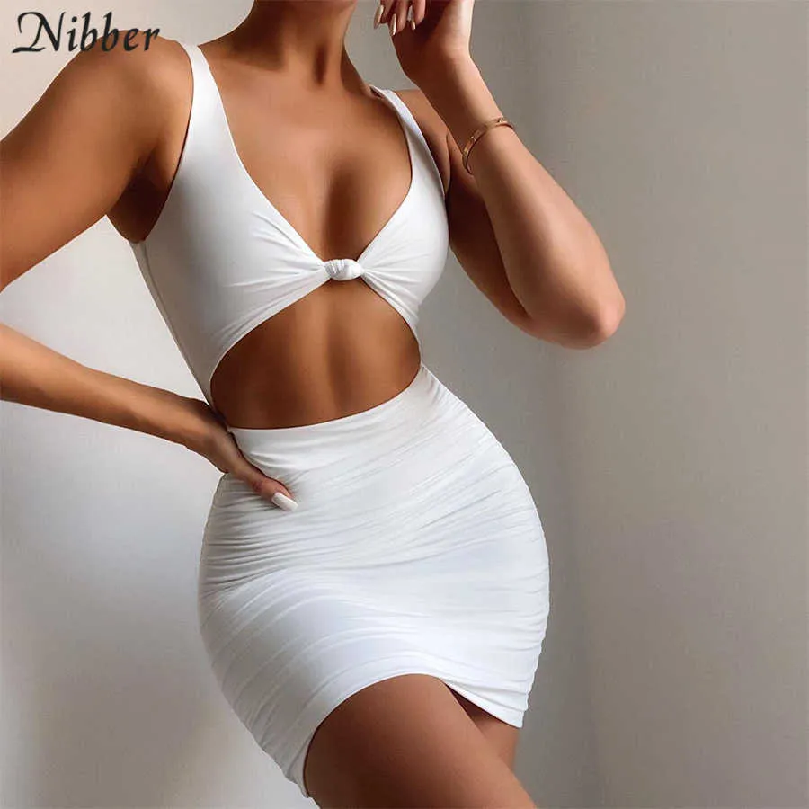 Nibber Summer Women Sexy Hollow Out V Neck Slim Stretch Mini Bodycon Dresses Casual Streetwear Solid Sukienka Kobieta 2021 Nowy Y0726