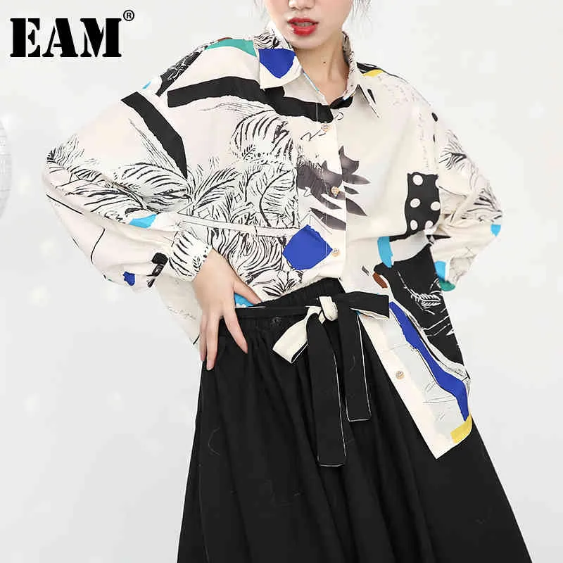 [EAM] femmes motif imprimé grande taille Blouse revers à manches longues coupe ample chemise mode printemps automne 1N87809S 210512