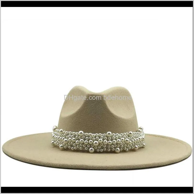 new women wide brim imitation wool felt fedora hats simple british style super big brim panama hats with pearl belt 467 t2