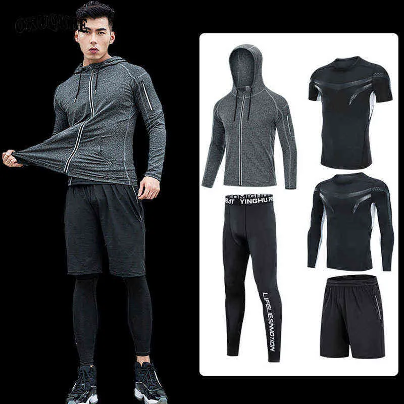 Abbigliamento sportivo da uomo Abbigliamento da palestra con cappuccio Abbigliamento da allenamento riflettente ad asciugatura rapida Nero Grigio Allenamento da jogging Set sportivo da corsa Uomo M-4XL G1209