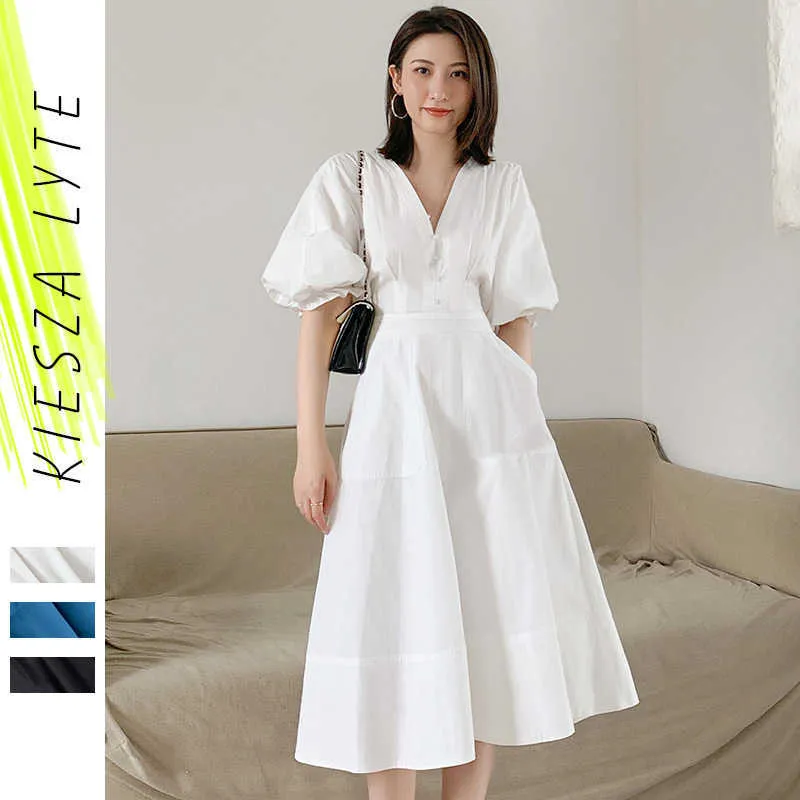 Blanc bulle manches robe été Style français élégant Sexy mode solide robes mi-longues Femme Lois Vestido 210608