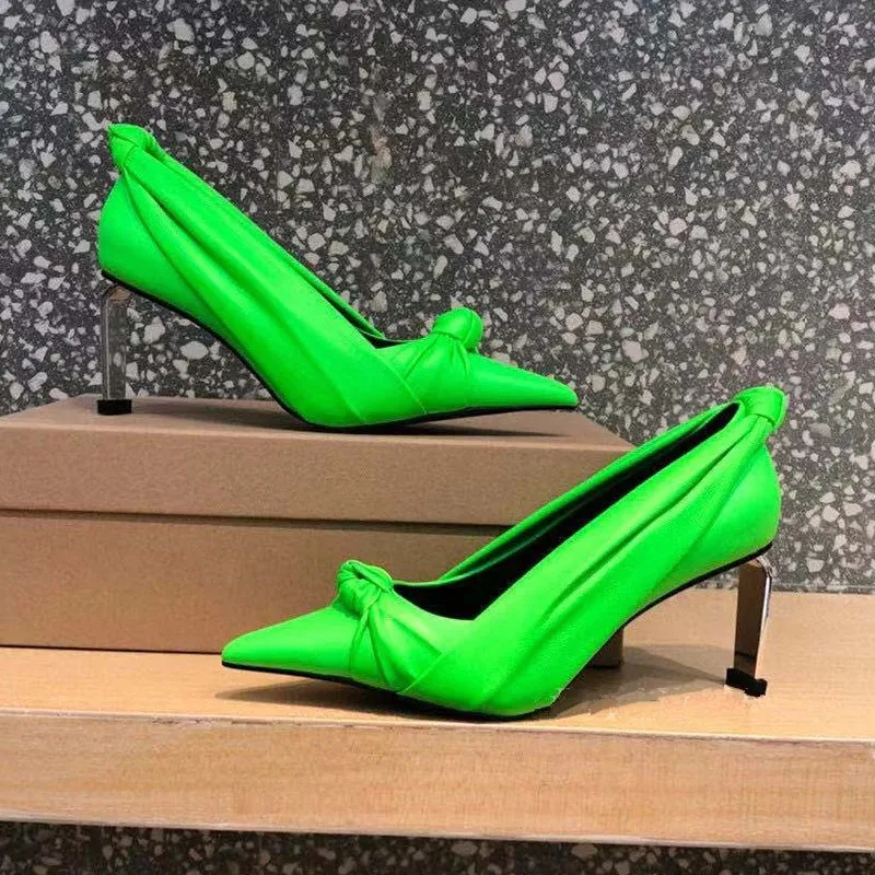 Runway Pointed Toe High Heel Pumps Women Bow Knot genuine leather folds Sandals Summer Party Dress Shoes Sexy pump 2021