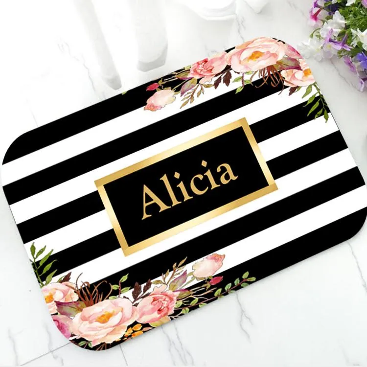 Cushion/Decorative Pillow Trendy Floral Black White Striped Welcome Doormat Custom Name Door Mat For Bathroom Kitchen Personalised Rug Carpe