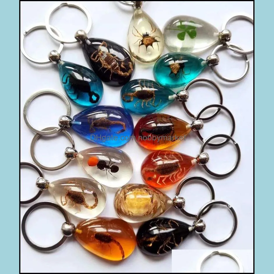 Key Rings Jewelry 15 Pcs Real Scorpion Spider Crab Ant Four Leaf Clover Drop Shaped Amber Resin Keychain Taxidermy Oddity Insect Encased Del