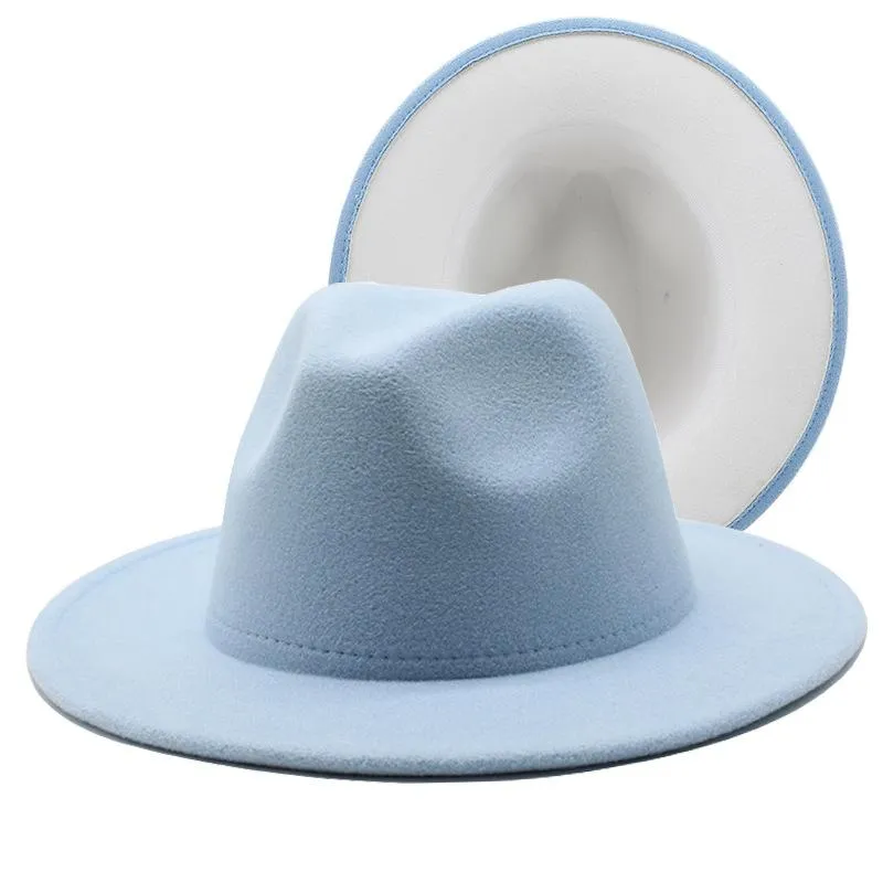 Berets enkla yttre ljusblå med vit botten ullfilt Jazz Fedora Hat Kvinnor Wide Brim Panama Party Trilby Cowboy Cap Män Gentleman