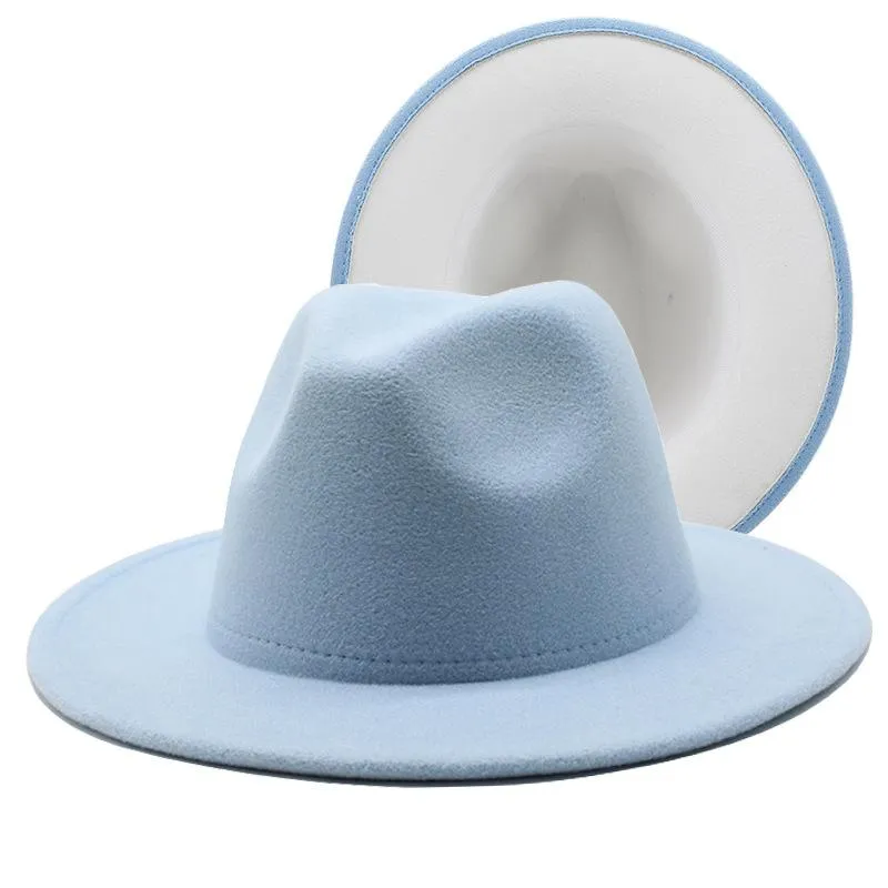 Bérets Simple Extérieur Bleu Clair Avec Fond Blanc Feutre De Laine Jazz Fedora Chapeau Femmes Large Bord Panama Parti Trilby Cowboy Cap Hommes Gentleman