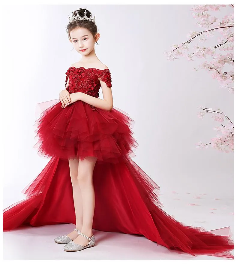 Girl's Dresses Flower Girl Bead Decoration Dress Trailing Wedding Party Pageant Ball Beauty Off Shoulder Kids Princess