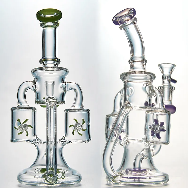 I lager Hookahs unika glasbonar dubbla återvinning Bong Propeller Spinning Perc Oil Dab Rigs Grön Lila 14mm Vattenrör med Heady Bowl