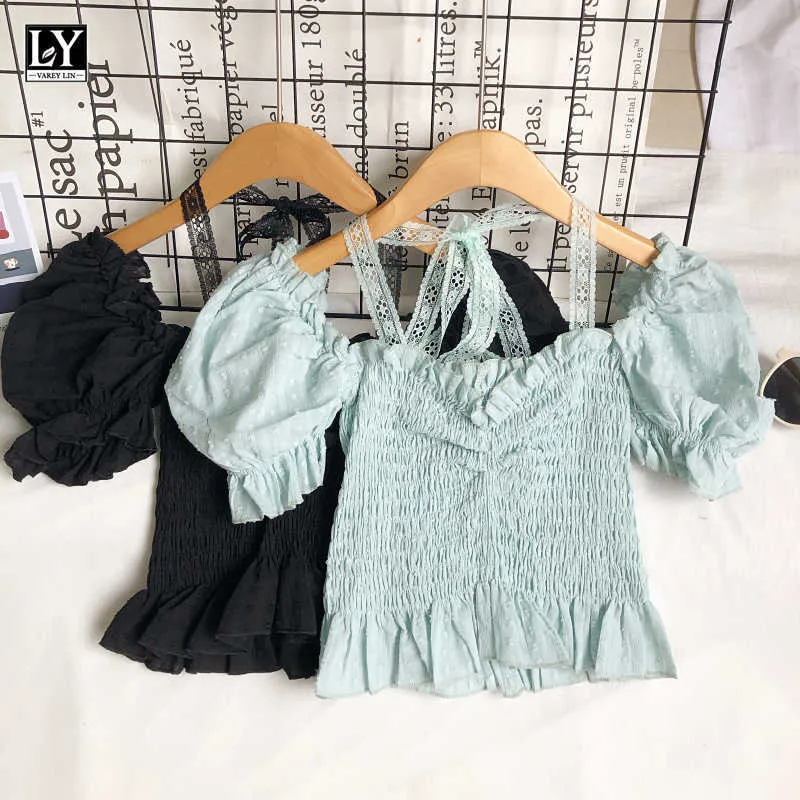 LY VAREY LIN Summer Women Casual Lace Lace-up Bow Slim Folds Shirts Sweet Slash Neck Puff Sleeve Solid Color Short Shirt Tops 210526