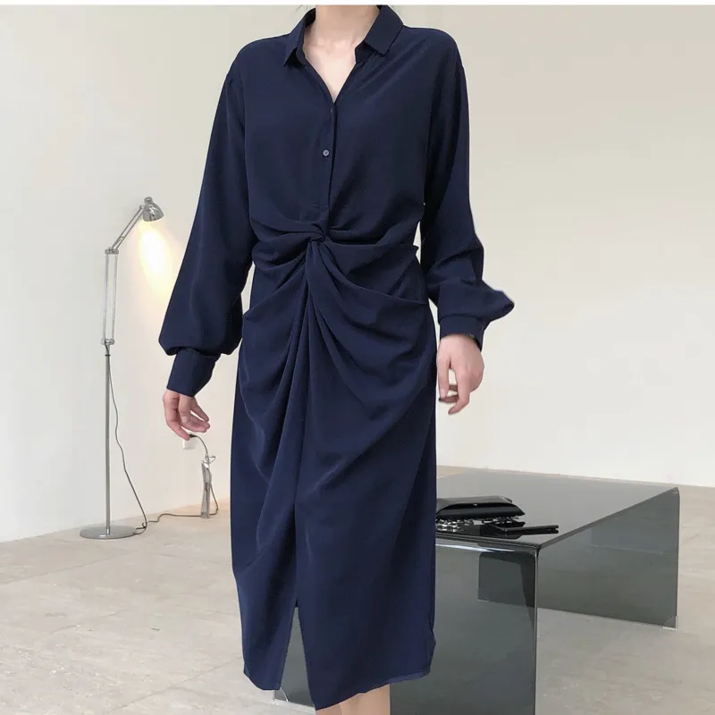 Summer Women Deep Blue Fashion Temperament Eleganckie Lapel Wakacje Daliy Waist Knot Split Ruched Dress 16W1015 210510