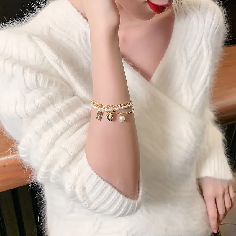 2021 새로운 슈퍼 가치 멀티 레이어 진주 심장 접힌 체인 팔찌 한국어 패션 쥬얼리 파티 여자의 우아한 손목 액세서리