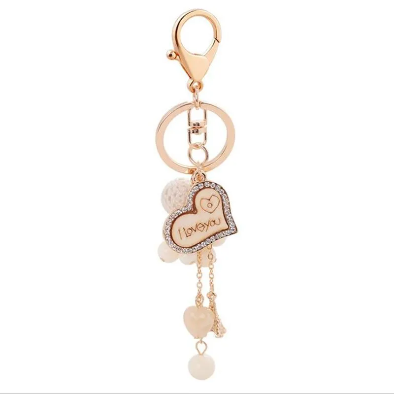 Mode Strass Gold Holz Herz Liebe Schlüsselbund Legierung Auto Handtasche Kristall Anhänger Geschenk Dame Tasche Schlüssel Ring Beste Geschenk