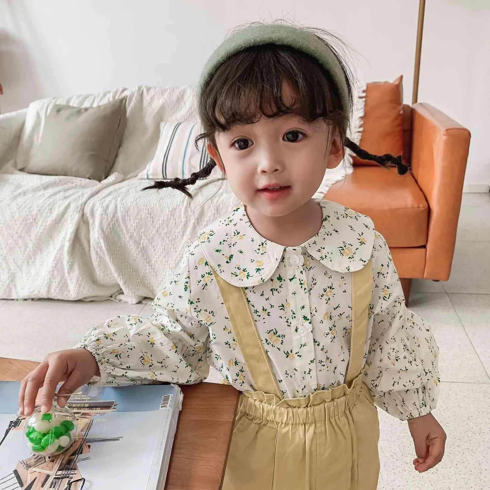 Pastoral style cute baby girls floral doll collar shirts kids cotton all-match casual Tops clothes 210508