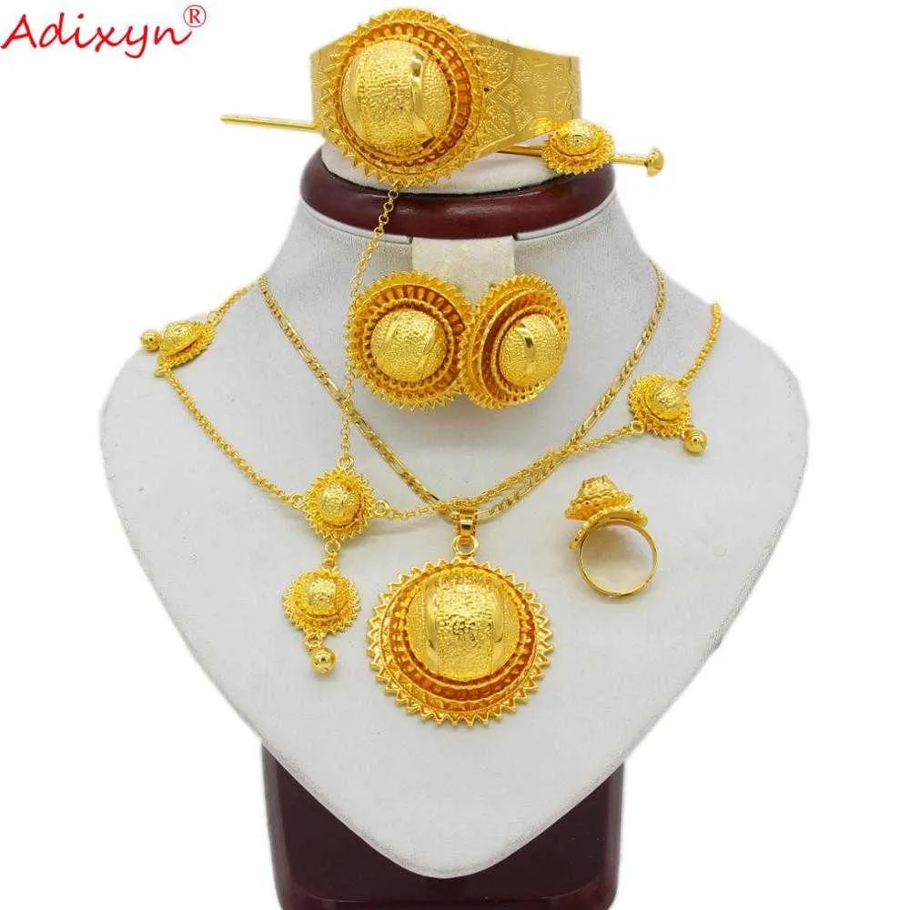 Adixyn NOUVEAU Pendentif bijoux érythréen/collier/boucles d'oreilles/bague/bracelets/chaîne de cheveux pour femmes couleur or cadeaux de mariage africains N06152 H1022