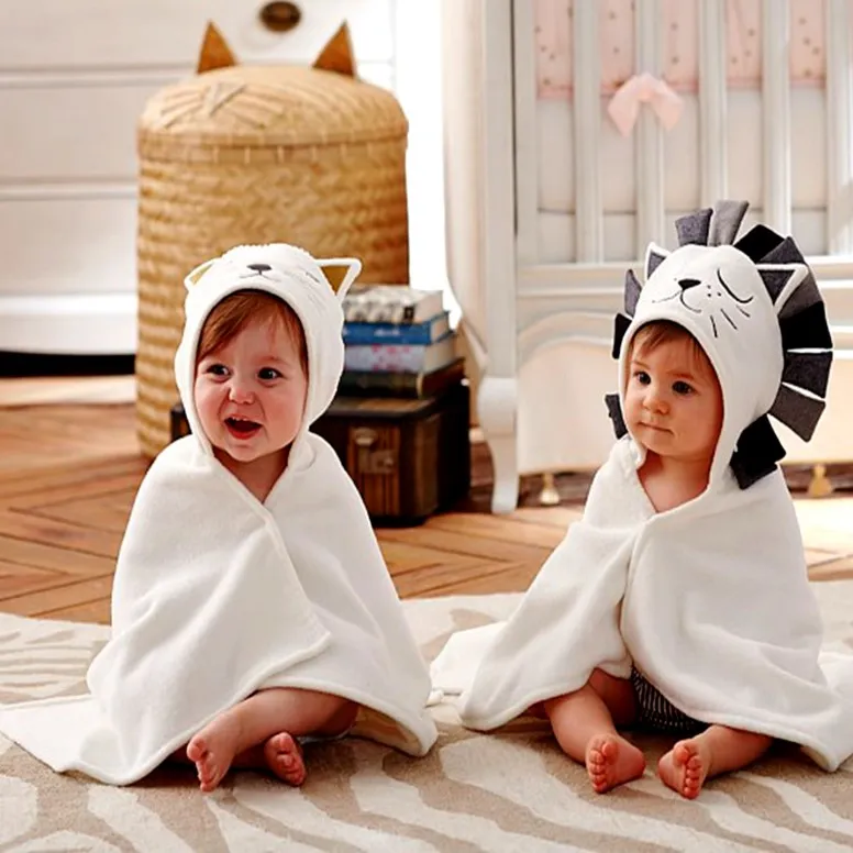 Baby Bath Towel 100% хлопок с капюшоном Babe полотенца цельные твердые льва детские одеяло младенческие вещи кошка слона кролика акула 5 стилей