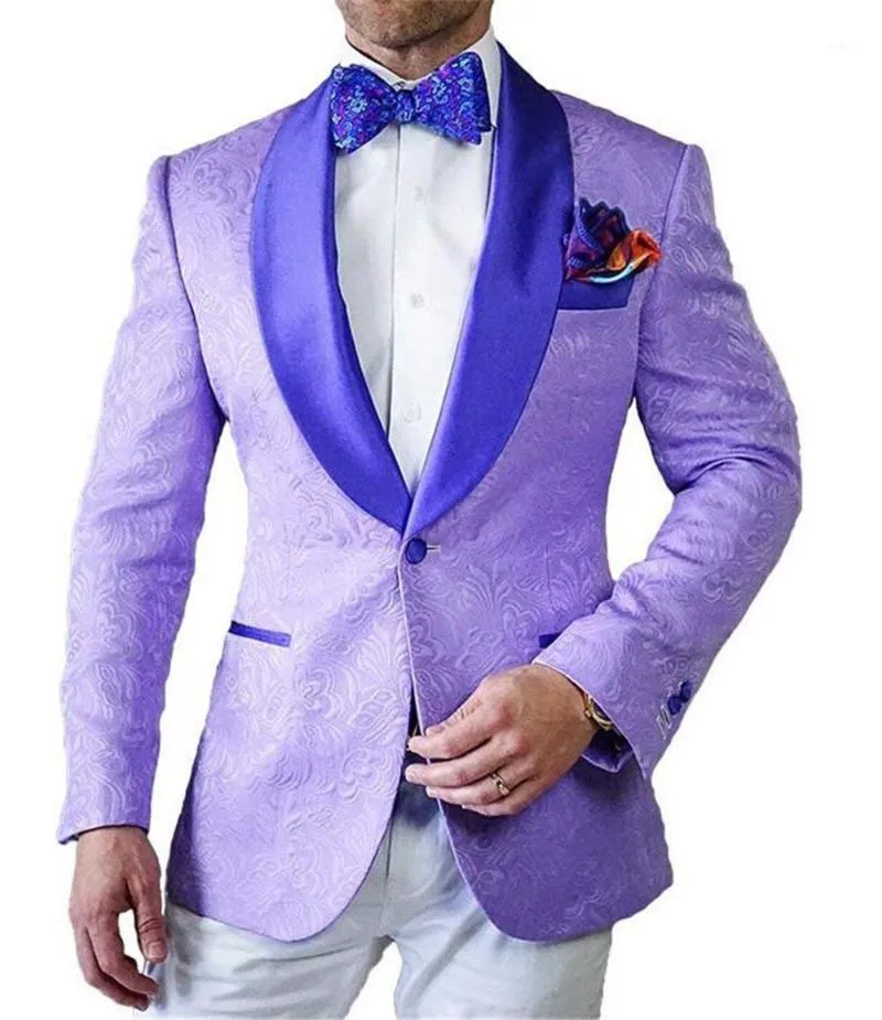 Męskie wzorzyste garnitury 2 sztuki liliowy szal z klapami casualowa marynarka smokingi Groomsmen na wesele męskie garnitury marynarki