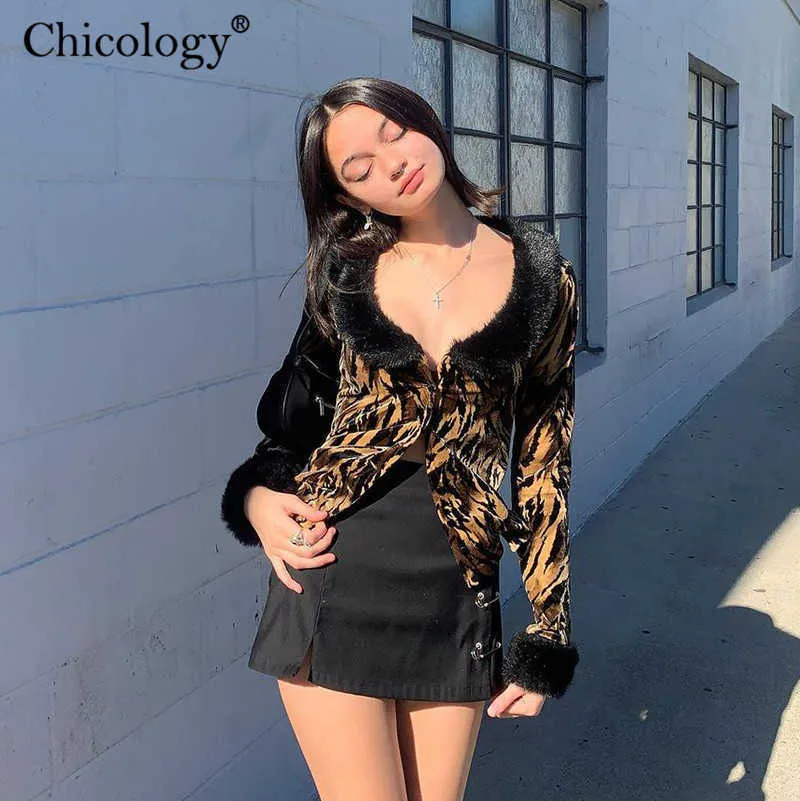 Chicology Fur Leopard Långärmad 2020 Lyxjacka Kvinnor Höst Vinterrock Sexig Club Streetwear Top Y2K Dropshipping Kläder X0628