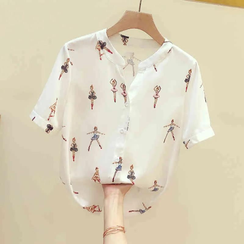 Mujeres con cuello en V Ballet Girls Print Shirt Blusa de gasa de verano Camisas de manga corta Tops Ladies Blouuse Blusas A3243 210428