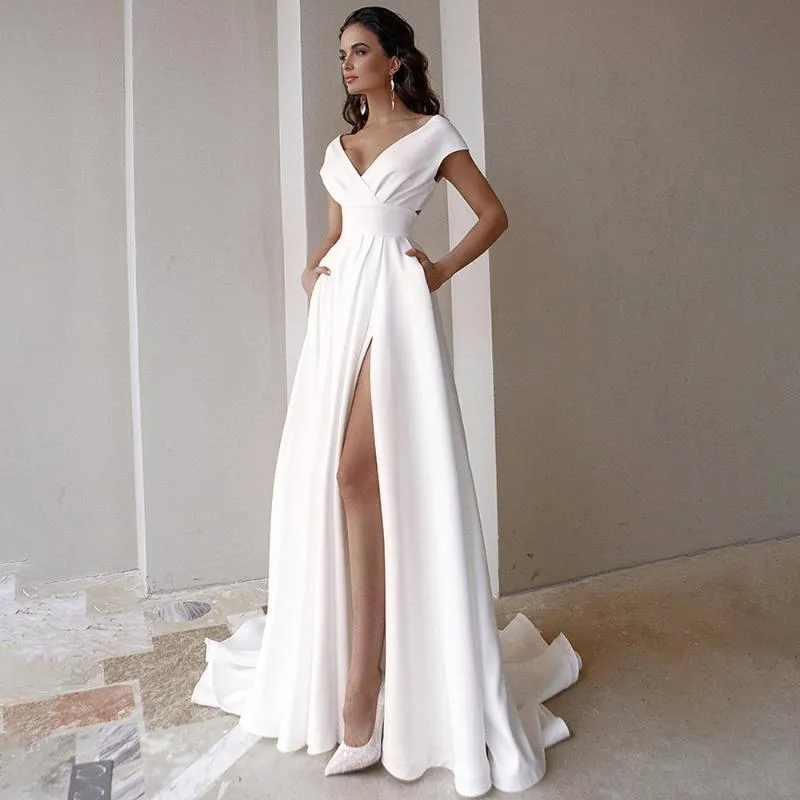 Casual Dresses Sexy V-Neck Short Sleeve Prom Wedding White Dress Night Club Evening Party Women Elegant Slit Long Maxi 2022