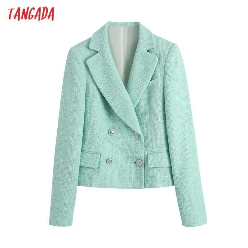 Tangada Women Green Crop Tweed Blazerコートヴィンテージノッチ襟ポケットファッション女性カジュアルシックなトップスBE571 210609