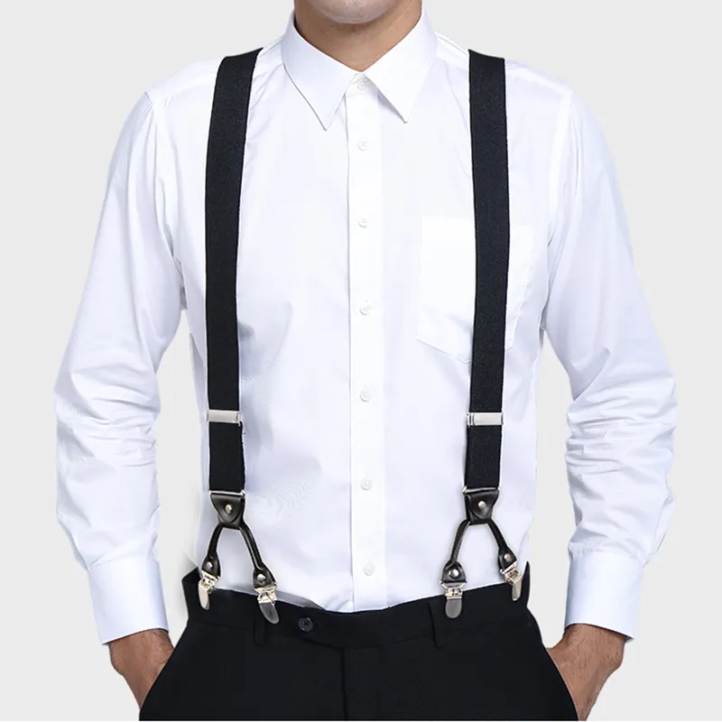 Mens Vintage Suspenders Heavy Duty Big and Tall Y Shape 6 Clips Justerbar Elastic Bröllopsfest Tuxedo Brouser Braces-Svart