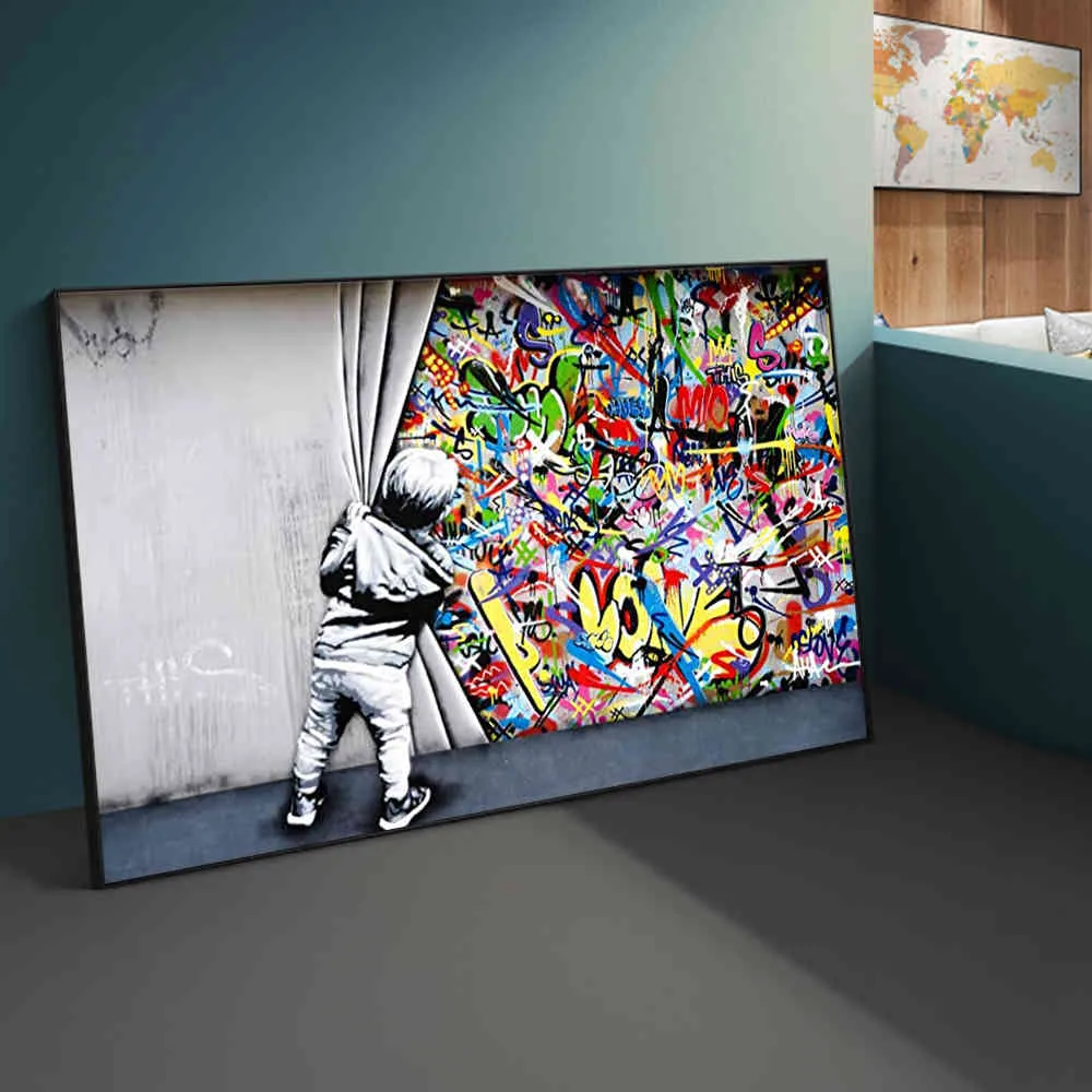 Street Banksy Graffiti Behind The Curtain Canvas Paintings Cuadros Wall Art Pictures for Home Decor (No Frame)